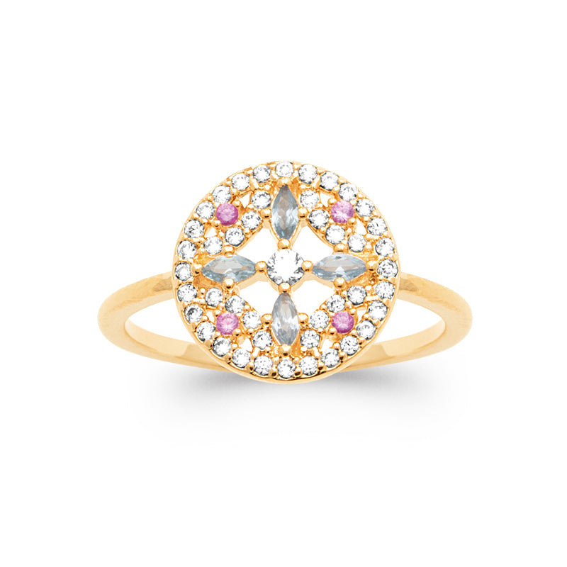 Bague dorée ronde à pierres bleues et roses – Anneau fin serti esprit joaillerie