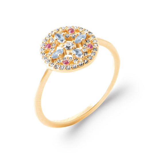 Bague dorée ronde à pierres bleues et roses – Anneau fin serti esprit joaillerie