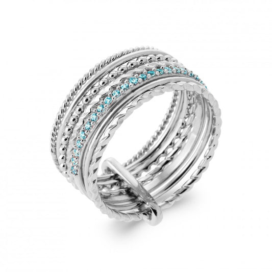 Bague semainier 7 anneaux argent 925 rhodié et cristal bleu