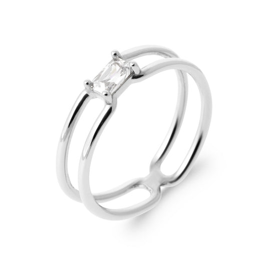 Bague solitaire rectangle argent Rhodié OZ blanc