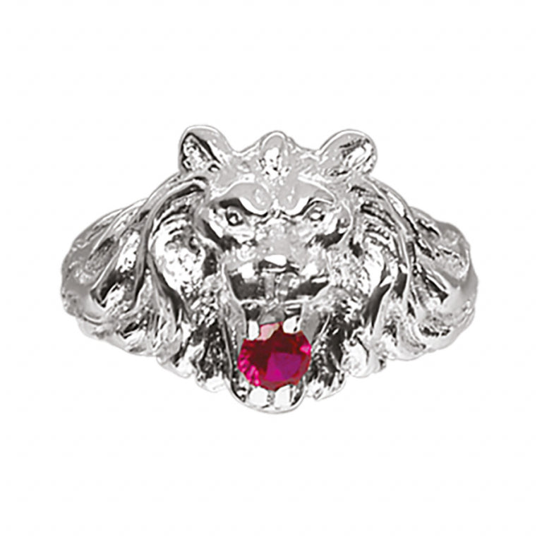 Chevalière tête de lion homme pierre rouge argent 925