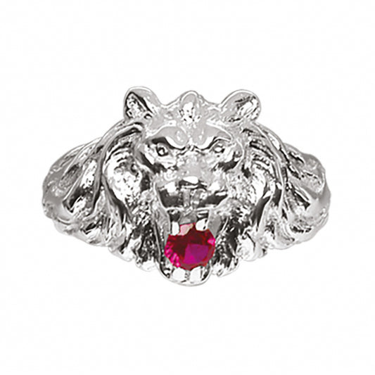 Chevalière tête de lion homme pierre rouge argent 925