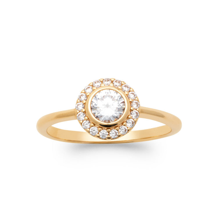 Bague Solitaire entourage et serti clos plaqué Or